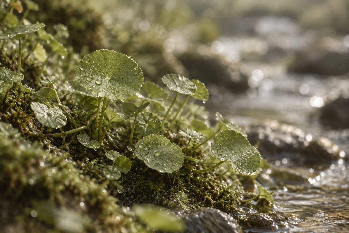Erbe selvatiche con gocce d'acqua sul ruscello, ispirazione del Siero Viso Anti Inquinamento Amethica