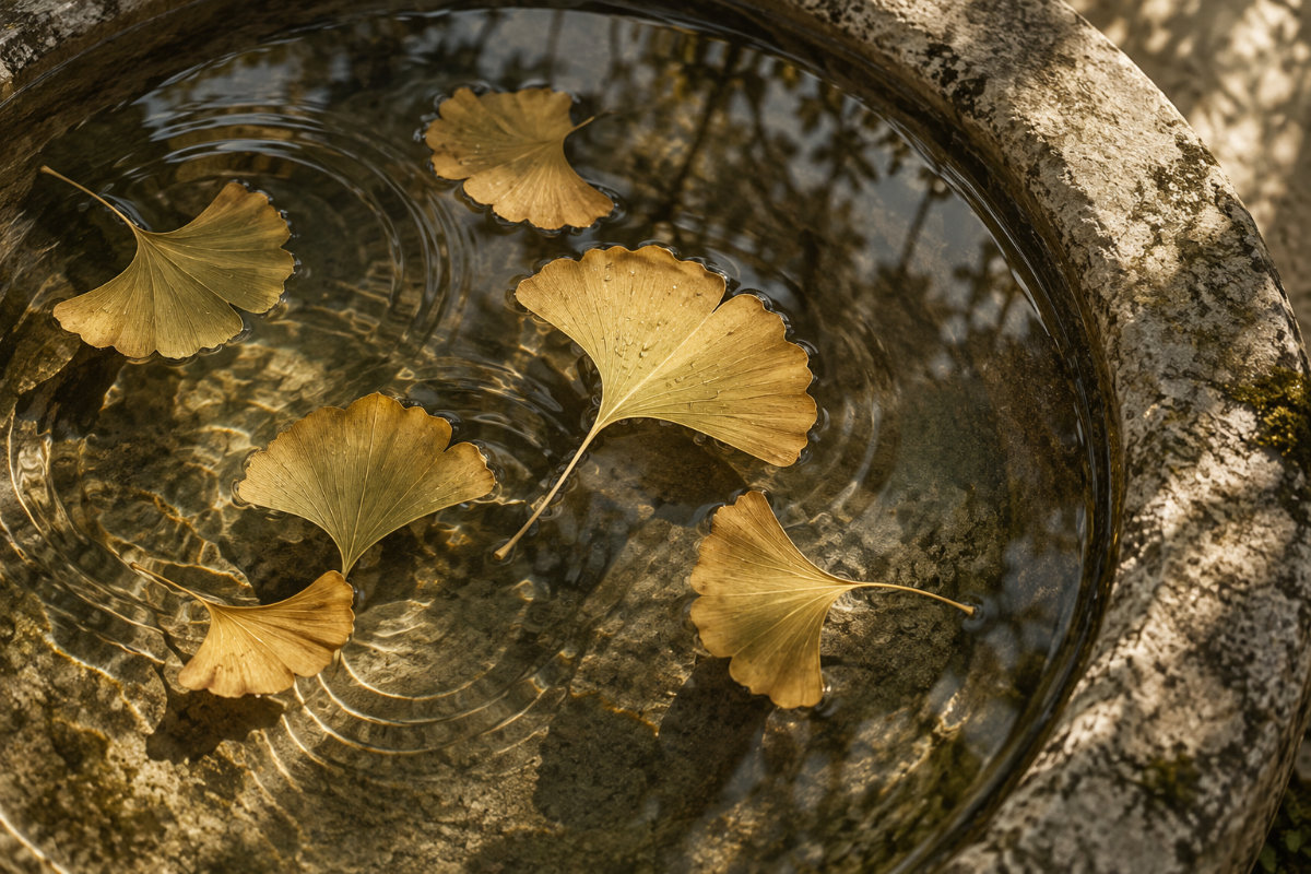 Foglie di ginkgo sull'acqua, ispirazione del Gel to Milk 2 in 1 Amethica